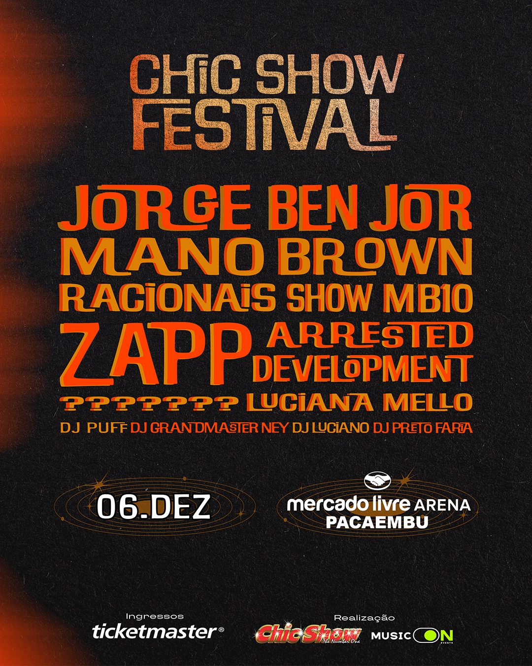 Chic Show Festival 2025 traz Jorge Ben Jor, Mano Brown e atrações internacionais em 6 de dezembro, no Pacaembu, em São Paulo.